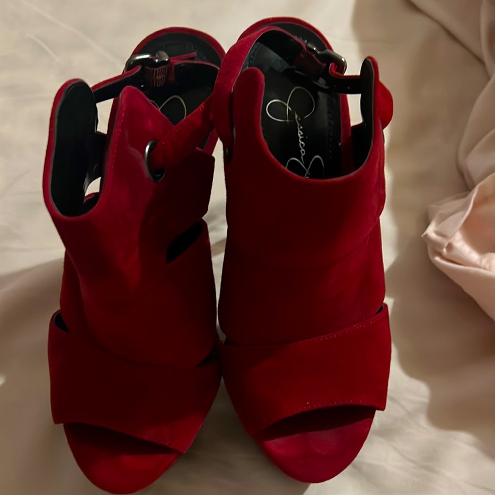 Jessica Simpson peep toe heels in deep red